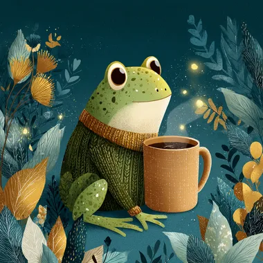 frog enjoying coffee, illustration, coffee, cosy  --s 250