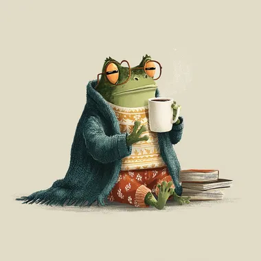 frog enjoying coffee, illustration, coffee, cosy  --s 250