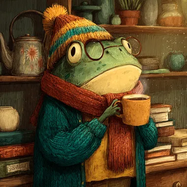 frog enjoying coffee, illustration, coffee, cosy  --s 250