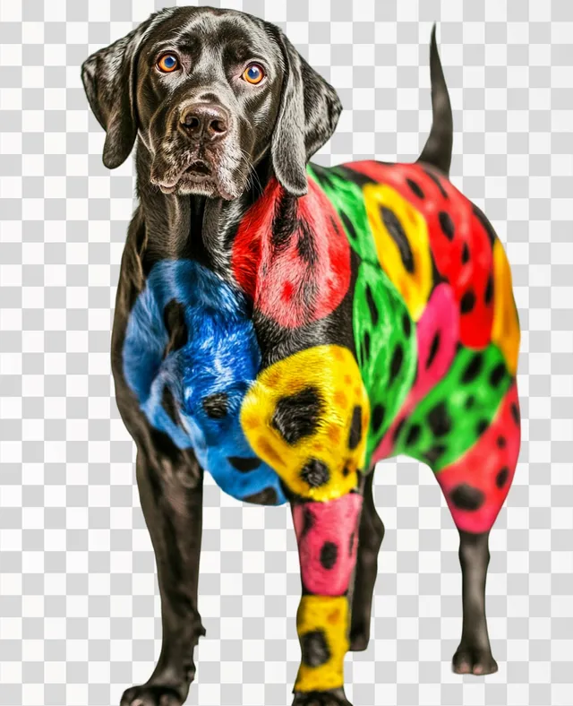Playful Black Dog with Vibrant Colorful Spots