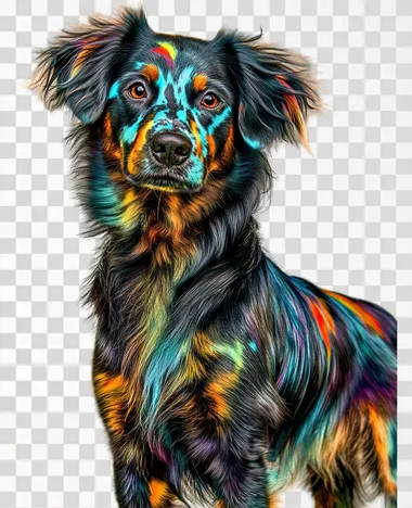A realistic photograph of a black dog with colorful spots on its fur, including vibrant hues of red, blue, green, and yellow. The dog stands in a studio with white background. He is looking playful and friendly. The colorful spots are distributed naturally across the dog's sleek black fur, creating a visually striking appearance.