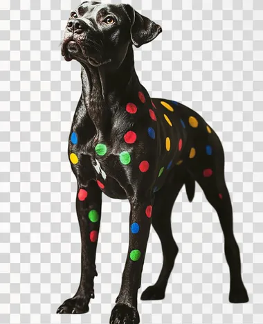 A realistic photograph of a black dog with colorful spots on its fur, including vibrant hues of red, blue, green, and yellow. The dog stands in a studio with white background. He is looking playful and friendly. The colorful spots are distributed naturally across the dog's sleek black fur, creating a visually striking appearance.