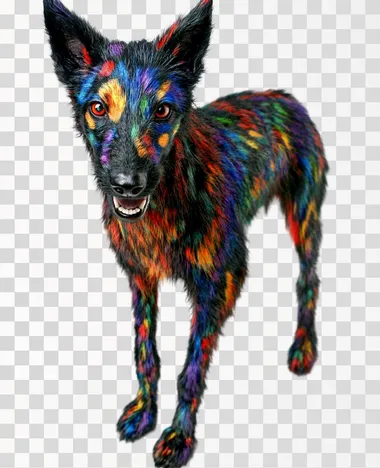 A realistic photograph of a black dog with colorful spots on its fur, including vibrant hues of red, blue, green, and yellow. The dog stands in a studio with white background. He is looking playful and friendly. The colorful spots are distributed naturally across the dog's sleek black fur, creating a visually striking appearance.