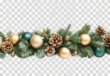 Christmas green garland, gold decoration, aesthetic, isolated on the white background