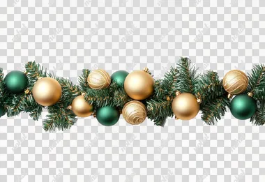 Christmas green garland, gold decoration, aesthetic, isolated on the white background