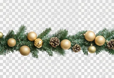 Christmas green garland, gold decoration, aesthetic, isolated on the white background