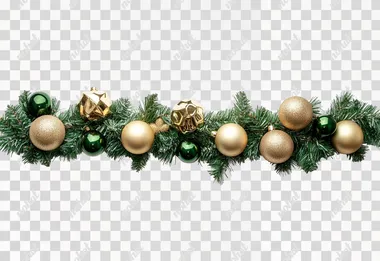 Christmas green garland, gold decoration, aesthetic, isolated on the white background
