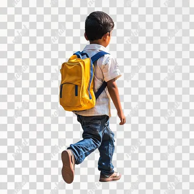 create a realsitic image of indian kid going to school on white background it should ne side pose