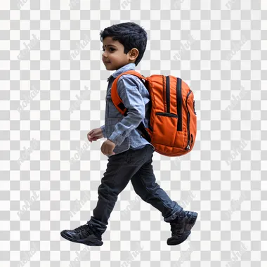 create a realsitic image of indian kid going to school on white background it should ne side pose