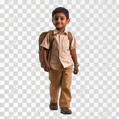 create a realsitic image of indian kid going to school on white background it should ne side pose