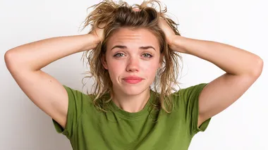 A candid portrait of an overheated young white woman in a green t-shirt, using her hands to fan air toward her face in an attempt to cool down, her hair slightly messy and sticking to her forehead, standing in a professional photo studio with a clean seamless white background, artificial studio lighting mimicking harsh midday sunlight, shot with a Nikon Z9, 85mm f/1.2 lens, realistic skin tones, warm highlights and natural heat-induced details