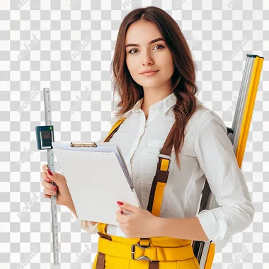 creative photo of a beautiful girl manager in one hand she has a folder with documents in the other hand terminal for payment, next to stands her assistant-measurer with a leveler and an angle meter, white background, realistic photo, the aesthetics of repair