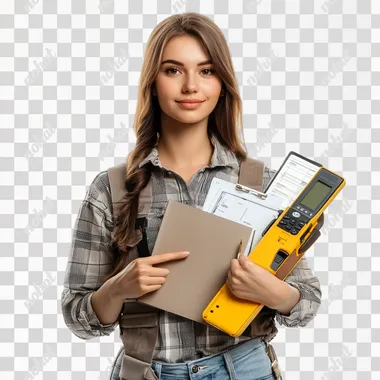 creative photo of a beautiful girl manager in one hand she has a folder with documents in the other hand terminal for payment, next to stands her assistant-measurer with a leveler and an angle meter, white background, realistic photo, the aesthetics of repair