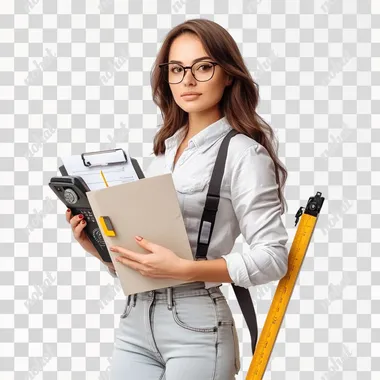 creative photo of a beautiful girl manager in one hand she has a folder with documents in the other hand terminal for payment, next to stands her assistant-measurer with a leveler and an angle meter, white background, realistic photo, the aesthetics of repair