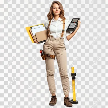 creative photo of a beautiful girl manager in one hand she has a folder with documents in the other hand terminal for payment, next to stands her assistant-measurer with a leveler and an angle meter, white background, realistic photo, the aesthetics of repair