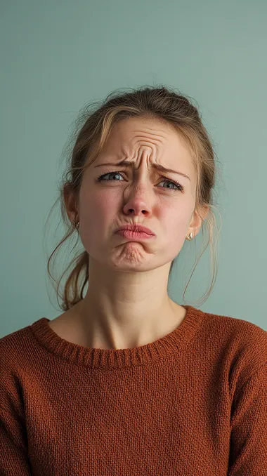 a woman with a foul expression reacting to bad odor, medium shot