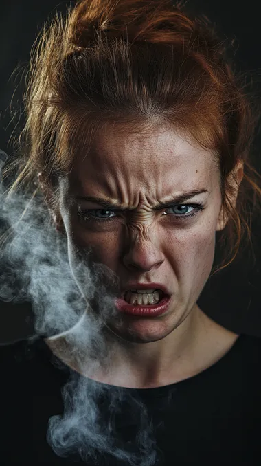 a woman with a foul expression reacting to bad odor, medium shot