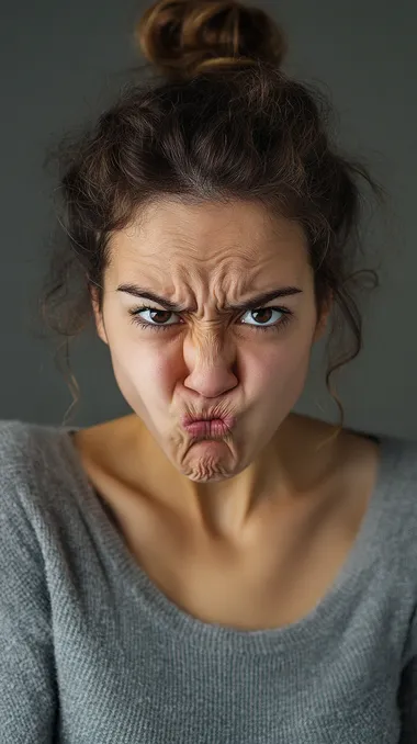 a woman with a foul expression reacting to bad odor, medium shot
