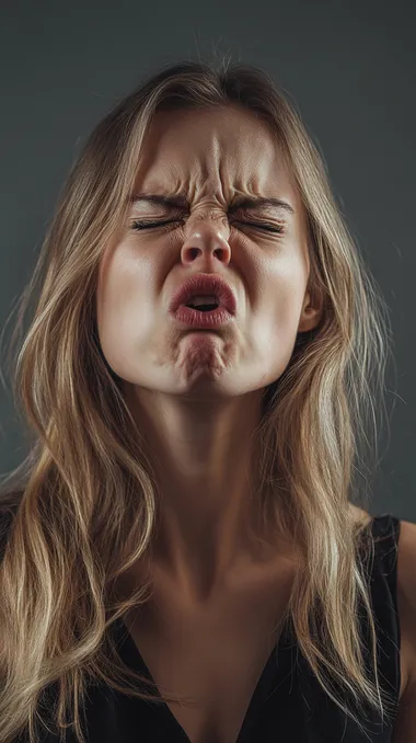a woman with a foul expression reacting to bad odor, medium shot