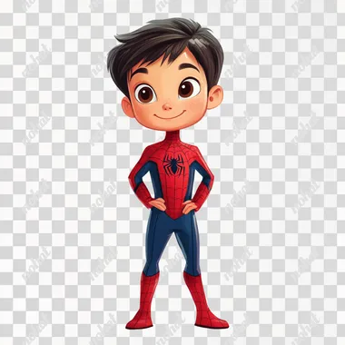 an asian 5 years old boy wearing spiderman costume, full body, white background, flat 2D cartoon style