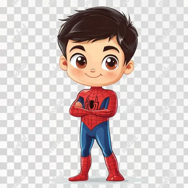 an asian 5 years old boy wearing spiderman costume, full body, white background, flat 2D cartoon style