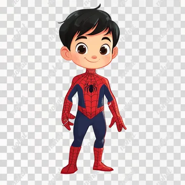 an asian 5 years old boy wearing spiderman costume, full body, white background, flat 2D cartoon style