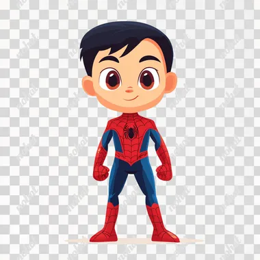an asian 5 years old boy wearing spiderman costume, full body, white background, flat 2D cartoon style