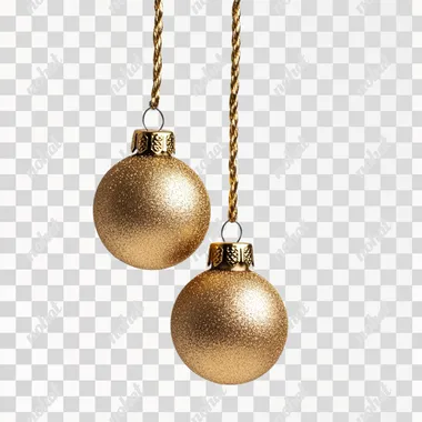 beautiful golden New Year's tree decorations balls hanging on ropes on a white background