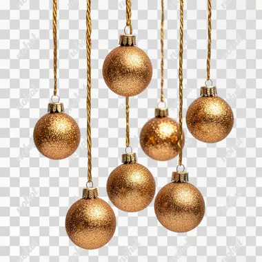 beautiful golden New Year's tree decorations balls hanging on ropes on a white background