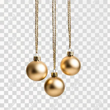 beautiful golden New Year's tree decorations balls hanging on ropes on a white background