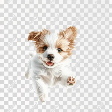 a fluffy puppy watercolor painting, gentle colors, delicate details, whimsical style, isolated on white background --s 200  mdildtb
