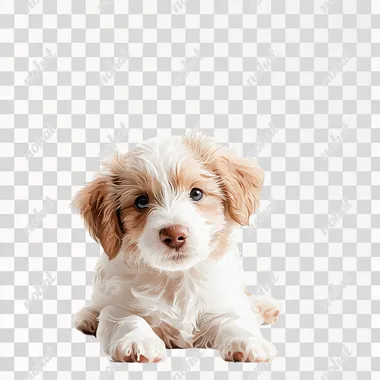 a fluffy puppy watercolor painting, gentle colors, delicate details, whimsical style, isolated on white background --s 200  mdildtb