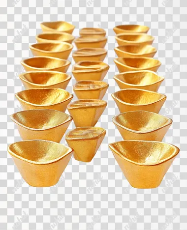 Many gold or Chinese gold ingots symbolizing wealth and prosperity, isolated on white background, clean image