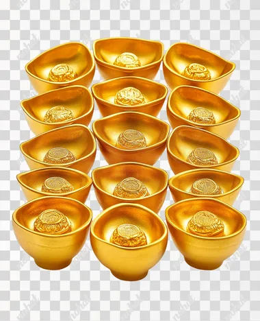 Many gold or Chinese gold ingots symbolizing wealth and prosperity, isolated on white background, clean image