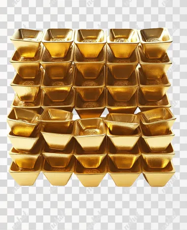 Many gold or Chinese gold ingots symbolizing wealth and prosperity, isolated on white background, clean image