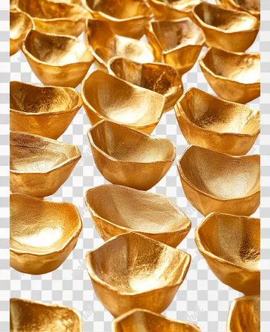 Many gold or Chinese gold ingots symbolizing wealth and prosperity, isolated on white background, clean image