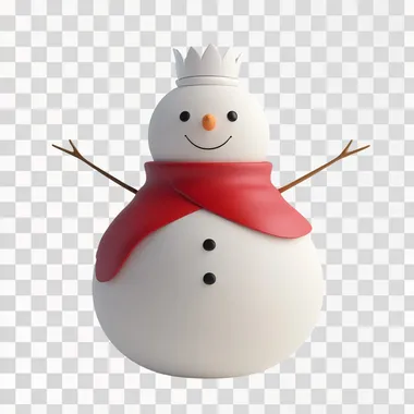 Realistic depiction of the Mixue mascot, a cheerful snowman with a rounded, clean design. The snowman wears a white crown on its head and a red cape draped around its shoulders. Its arms are stretched straight to the sides in a neutral pose, front-facing view. Smooth, polished textures with a friendly, modern aesthetic, set against a plain white background