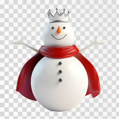 Realistic depiction of the Mixue mascot, a cheerful snowman with a rounded, clean design. The snowman wears a white crown on its head and a red cape draped around its shoulders. Its arms are stretched straight to the sides in a neutral pose, front-facing view. Smooth, polished textures with a friendly, modern aesthetic, set against a plain white background