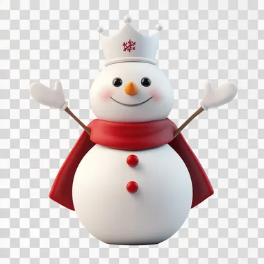 Realistic depiction of the Mixue mascot, a cheerful snowman with a rounded, clean design. The snowman wears a white crown on its head and a red cape draped around its shoulders. Its arms are stretched straight to the sides in a neutral pose, front-facing view. Smooth, polished textures with a friendly, modern aesthetic, set against a plain white background