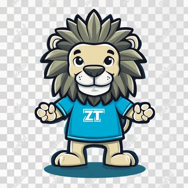 A cartoon lion mascot standing confidently, simplified face and eyes, geometric mane, wearing a short-sleeve T-shirt in vibrant medium blue (RGB 0, 78, 162) with a centered white "ZT" logo, four fingers on each hand, cartoon-style hands, simplified anatomy, minimalistic flat design, smooth vector lines, solid colors, no shading, sticker-like     fingers::2