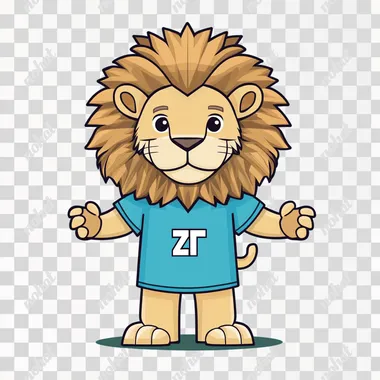 A cartoon lion mascot standing confidently, simplified face and eyes, geometric mane, wearing a short-sleeve T-shirt in vibrant medium blue (RGB 0, 78, 162) with a centered white "ZT" logo, four fingers on each hand, cartoon-style hands, simplified anatomy, minimalistic flat design, smooth vector lines, solid colors, no shading, sticker-like     fingers::2