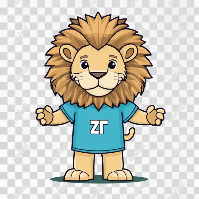 Confident Cartoon Lion Mascot in Vibrant Blue T-Shirt