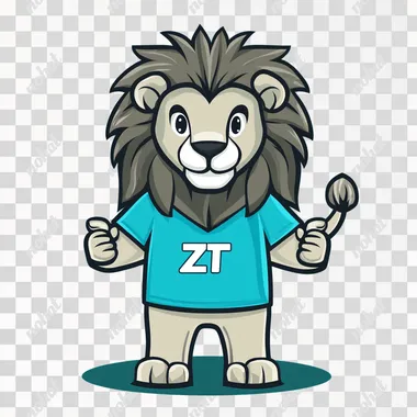 A cartoon lion mascot standing confidently, simplified face and eyes, geometric mane, wearing a short-sleeve T-shirt in vibrant medium blue (RGB 0, 78, 162) with a centered white "ZT" logo, four fingers on each hand, cartoon-style hands, simplified anatomy, minimalistic flat design, smooth vector lines, solid colors, no shading, sticker-like     fingers::2