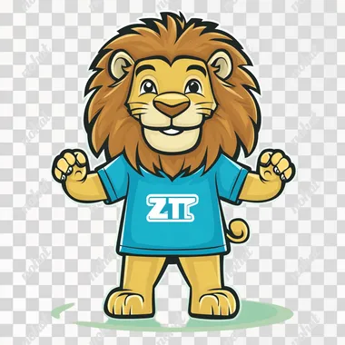 A cartoon lion mascot standing confidently, simplified face and eyes, geometric mane, wearing a short-sleeve T-shirt in vibrant medium blue (RGB 0, 78, 162) with a centered white "ZT" logo, four fingers on each hand, cartoon-style hands, simplified anatomy, minimalistic flat design, smooth vector lines, solid colors, no shading, sticker-like     fingers::2