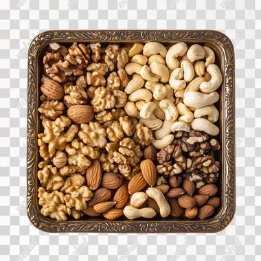 Front view, a vintage nut tray filled with walnuts, batanas, macadamia nuts, cashews, white background, simple background