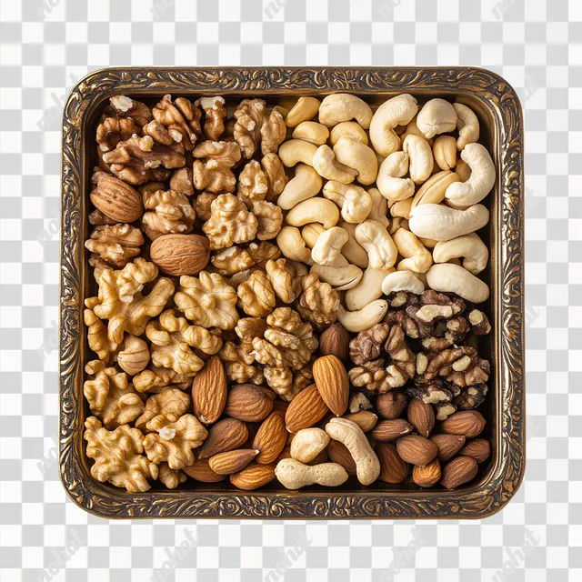 PNG Vintage nut tray filled with walnuts, macadamia, cashews on table