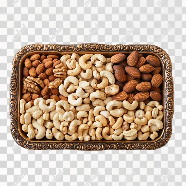 PNG Vintage Nut Tray on Table Filled with Walnuts, Macadamia, and Cashews
