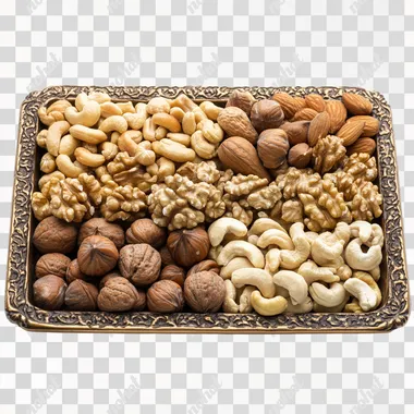 Front view, a vintage nut tray filled with walnuts, batanas, macadamia nuts, cashews, white background, simple background
