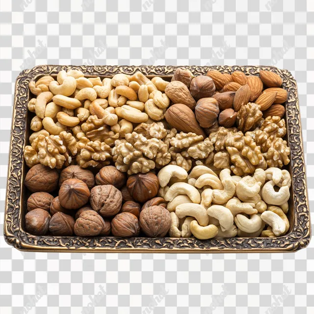PNG Vintage nut tray filled with walnuts, macadamias, and cashews on table