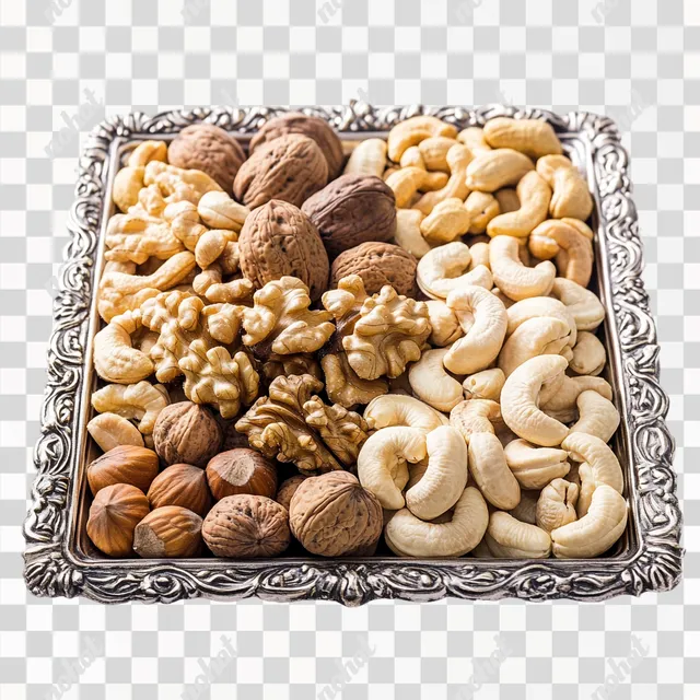 PNG Vintage nut tray filled with walnuts, macadamia, and cashews on table